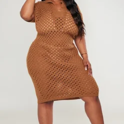 Plus Robe De Plage Mi-longue En Maille Tricot Marron