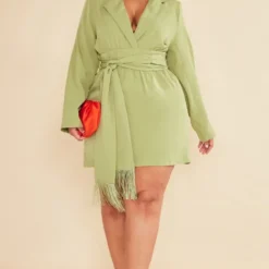 Plus Robe Portefeuille Vert Olive à Ceinture Frangée