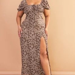 Plus Robe Mi-longue Marron Chocolat à Petites Fleurs