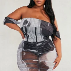 Plus Robe Moulante Froncée Noire En Mesh Imprimé Fumée Abstraite à Col Bardot -Promos Jupe Éthérée Boutique 0224146e8e483617c95e8a59db1eb40cc66a5e8f cnc9587 3