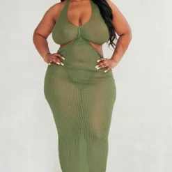 Plus Robe Longue Dos Nu En Maille Kaki Transparente Effet Croisé -Promos Jupe Éthérée Boutique 03a078a1ef3943bfc719c430145e0147d9d8aa2c cnc7957 3