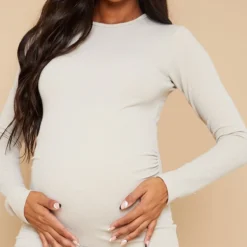 Maternité Robe De Grossesse Mi-longue Côtelée Gris Pierre à Manches Longues -Promos Jupe Éthérée Boutique 0479a0ac0cb89539a2f7d349ff6f141034062d5d cnb2435 4