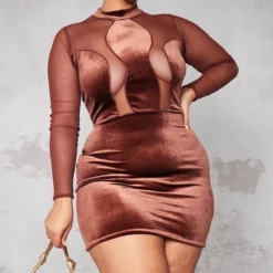 Plus Robe Moulante En Velours Chocolat à Parties En Mesh Et Manches Longues -Promos Jupe Éthérée Boutique 05390b1a289eefcce9c0c8b0fc51a999cfca2eab cnb4190 3