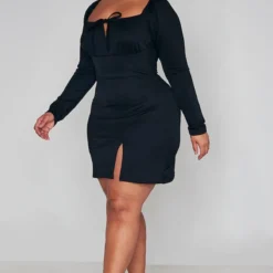 Plus Robe Moulante Noire Nouée Devant à Manches Bouffantes