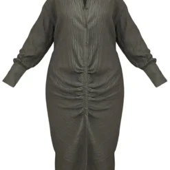 Plus Robe Chemise Mi-longue Vert Olive Texturée à Fronces Et Manches Longues -Promos Jupe Éthérée Boutique 07c200f0d1dcfe4a3aa1a3688b3c121e86b3a4de cmw2863 6