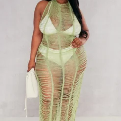 Plus Robe De Plage Frangée Kaki