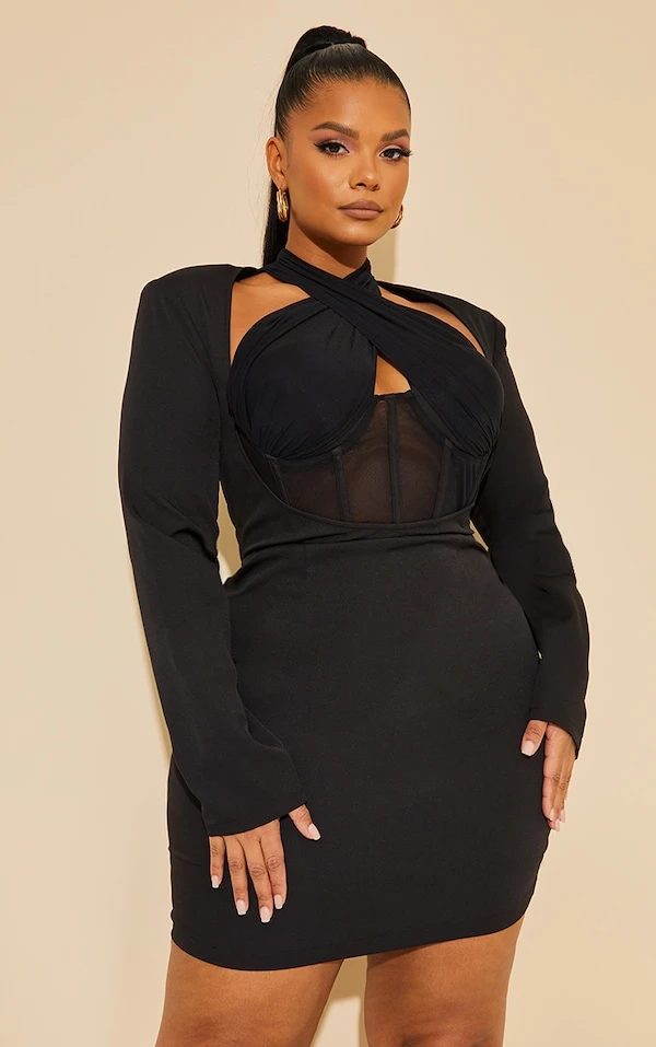 Plus Robe Moulante Noire Deluxe Croisée Devant à Détail Corset 3 Plus Robe Moulante Noire Deluxe Croisée Devant à Détail Corset – Image 3