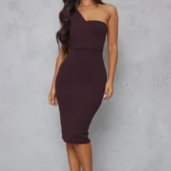 Petite Robe Mi-longue Asymétrique Chocolat à épaule Drapée