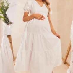 Maternité Robe De Grossesse Longue En Coton Blanc à étages