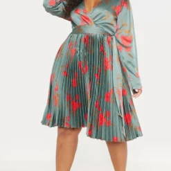 Plus - Robe Vert émeraude Florale Mi-longue Plissée à Manches Longues