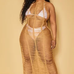 Plus Robe De Plage Frangée Marron Clair