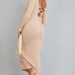 Maternité Robe Moulante De Grossesse Longue En Maille Tricot Avoine à Nouer Derrière