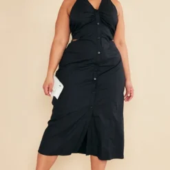 Plus Robe Chemise Mi-longue Sans Manche En Popeline Noire