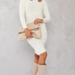 Petite Robe Mi-longue Crème En Maille Tricot à Manches Longues