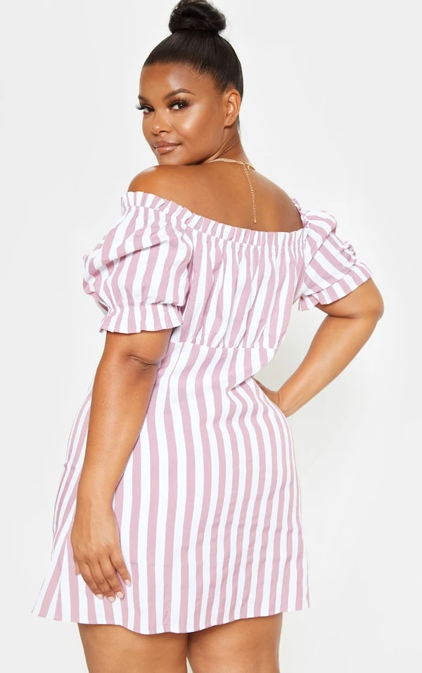 Plus Robe Droite Rose Imprimé Rayures à Col Bardot Et Boutons 2 Plus Robe Droite Rose Imprimé Rayures à Col Bardot Et Boutons – Image 2