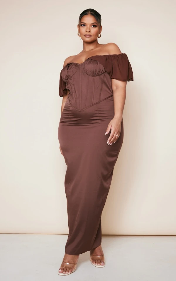 Plus Robe-corset Mi-longue Chocolat à Manches Drapées 3 Plus Robe-corset Mi-longue Chocolat à Manches Drapées – Image 3