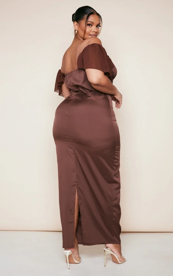 Plus Robe-corset Mi-longue Chocolat à Manches Drapées 2 Plus Robe-corset Mi-longue Chocolat à Manches Drapées – Image 2