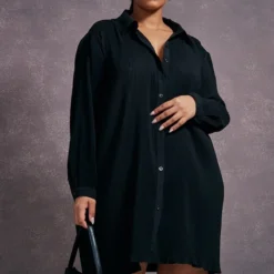 Plus Robe Chemise Oversize Noire Plissée