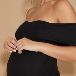 Maternité Robe De Grossesse Mi-longue Noire à Col Bardot Et Ourlet Volanté -Promos Jupe Éthérée Boutique 129061f594b4be15e5c2642f887d243f193d490b cmz9779 4