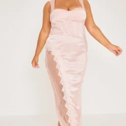 Plus Robe Longue Rose Cendré à Corset Et Parties En Dentelle