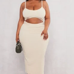 Plus Robe Mi-longue Texturée Gris Pierre à Découpe