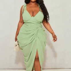 Plus Robe Mi-longue Drapée Vert Sauge à Armatures -Promos Jupe Éthérée Boutique 15ec089f15a2fdad56ed6af52c7d217634d7aa20 cne9097 3