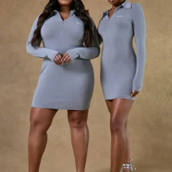 Renew Plus Robe Moulante Grise à Décolleté Plongeant Et Zip