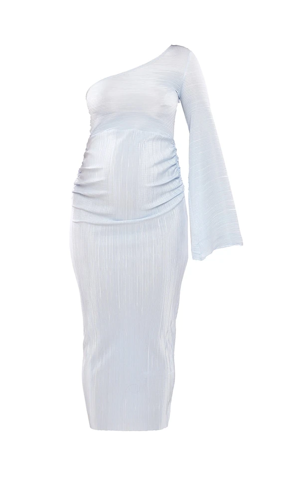 Maternité Robe De Grossesse Asymétrique Longue Bleue Effet Plissé 4 Maternité Robe De Grossesse Asymétrique Longue Bleue Effet Plissé – Image 4