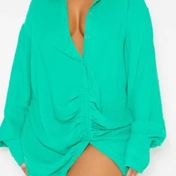 Plus Robe Chemise Texturée Verte à Détail Drapé Et Manches Longues -Promos Jupe Éthérée Boutique 192e7d07f24022cd3faed360d486a3518a825528 cmu4915 5