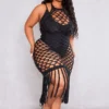 Plus Robe De Plage En Maille Tricot Noire Détail Franges à Dos Nu