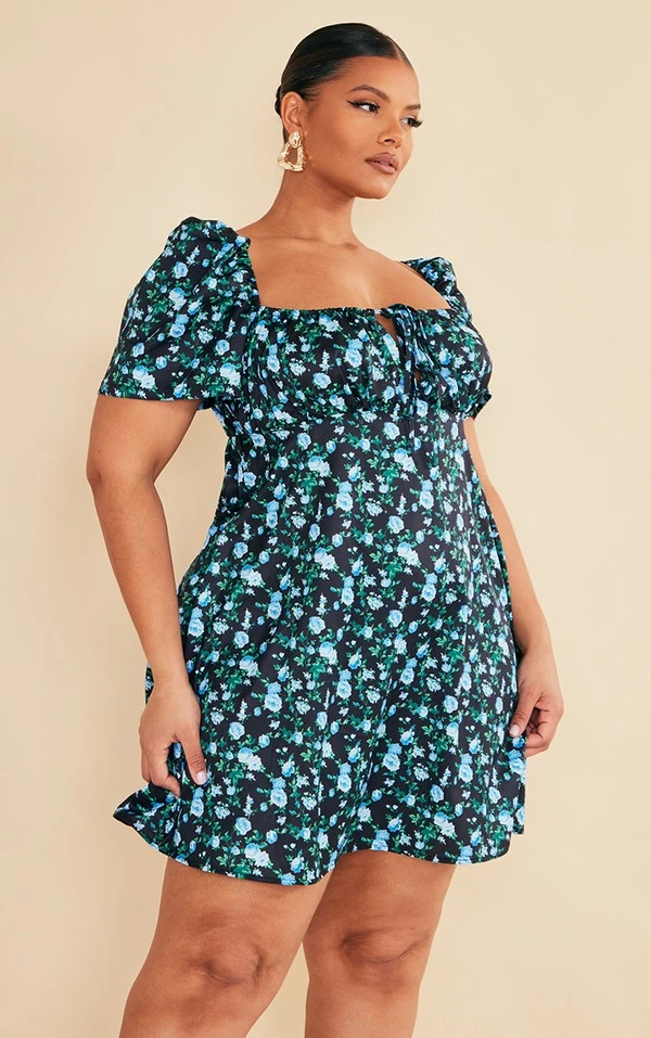 Plus Robe Droite Noire Imprimé Petites Fleurs à Manches Bouffantes 3 Plus Robe Droite Noire Imprimé Petites Fleurs à Manches Bouffantes – Image 3