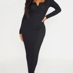 Shape Robe Mi-longue Côtelée Noire à Boutons Et Manches Longues