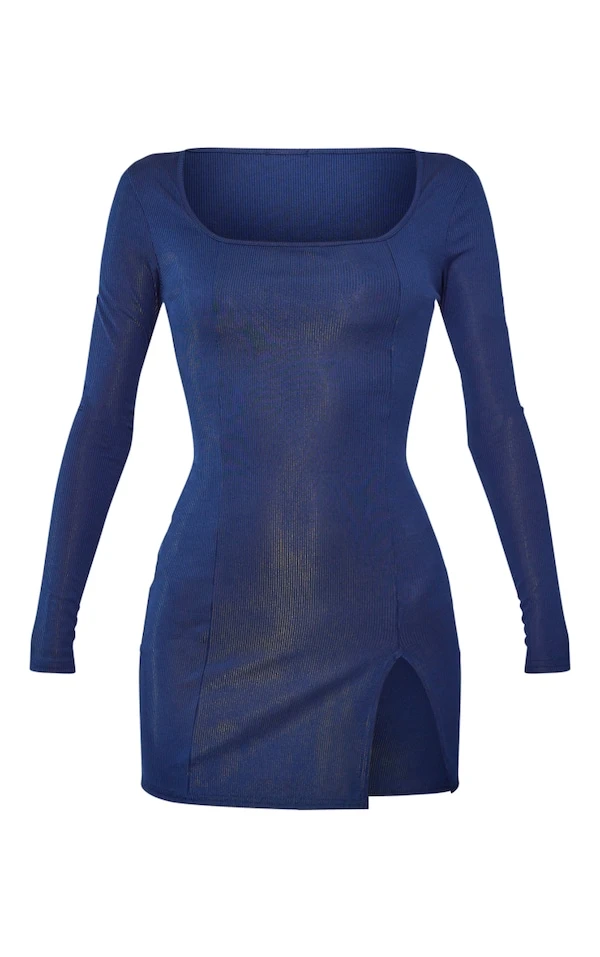 Tall Robe Moulante Fendue Bleu Marine Côtelée à Col Carré Et Manches Longues 5 Tall Robe Moulante Fendue Bleu Marine Côtelée à Col Carré Et Manches Longues – Image 5