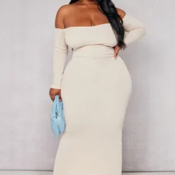 Logic Plus Robe Bustier Mi-longue Côtelée Avoine à Col Bardot Et Manches Longues