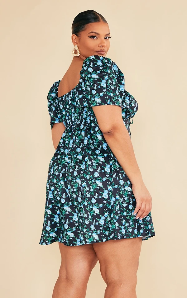 Plus Robe Droite Noire Imprimé Petites Fleurs à Manches Bouffantes 2 Plus Robe Droite Noire Imprimé Petites Fleurs à Manches Bouffantes – Image 2