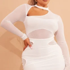 Shape Robe Très Moulante En Mesh Superposé Blanc à Manches Longues