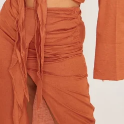 Plus Robe Mi-longue Effet Lin Rouille Drapé Devant -Promos Jupe Éthérée Boutique 1d9c1e26972d59c4ccbbebebad8e3286746b0a3c cne0697 4