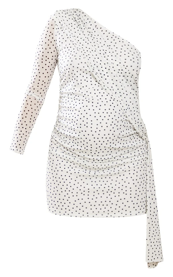 Maternité Mini Robe De Grossesse Asymétrique Blanche à Pois 5 Maternité Mini Robe De Grossesse Asymétrique Blanche à Pois – Image 5