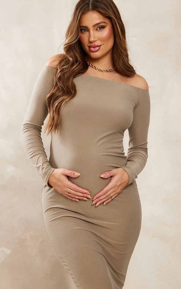 Maternité Robe De Grossesse Mi-longue Douce Taupe à épaules Dénudées 4 Maternité Robe De Grossesse Mi-longue Douce Taupe à épaules Dénudées – Image 4