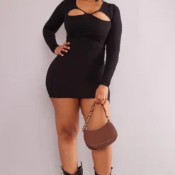 Shape Robe Moulante Noire Côtelée à Découpes Et Manches Longues