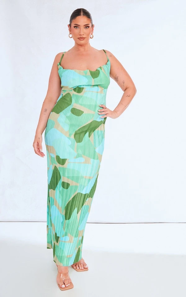 Plus Robe Longue Plissée Verte Imprimé Abstrait à Bretelles 1 Plus Robe Longue Plissée Verte Imprimé Abstrait à Bretelles