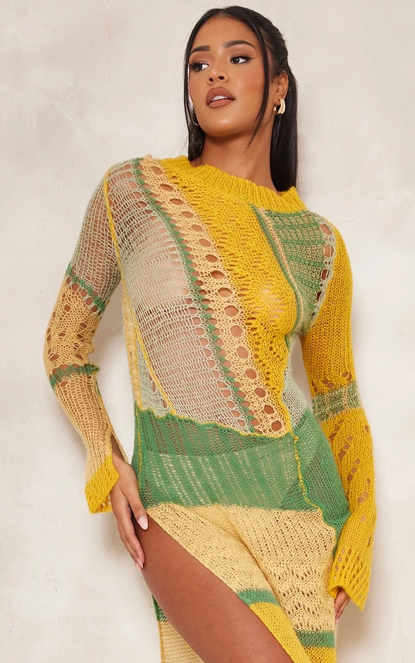 Tall Robe Longue Déchirée En Maille Tricot Ajourée Jaune à Fente Sur Le Côté 4 Tall Robe Longue Déchirée En Maille Tricot Ajourée Jaune à Fente Sur Le Côté – Image 4