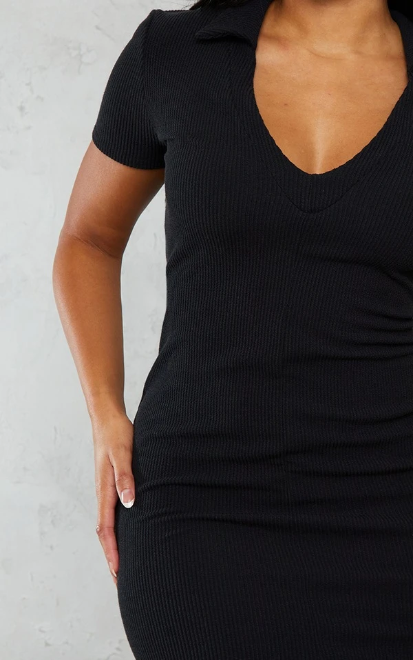 Shape Robe Moulante Côtelée Crêpée Noire à Manches Courtes Et Col 4 Shape Robe Moulante Côtelée Crêpée Noire à Manches Courtes Et Col – Image 4