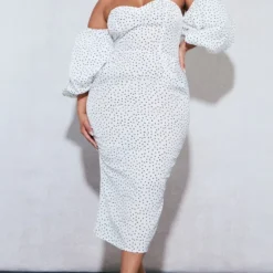 Plus Robe Bustier Mi-longue Blanche à Pois Et Manches Bouffantes