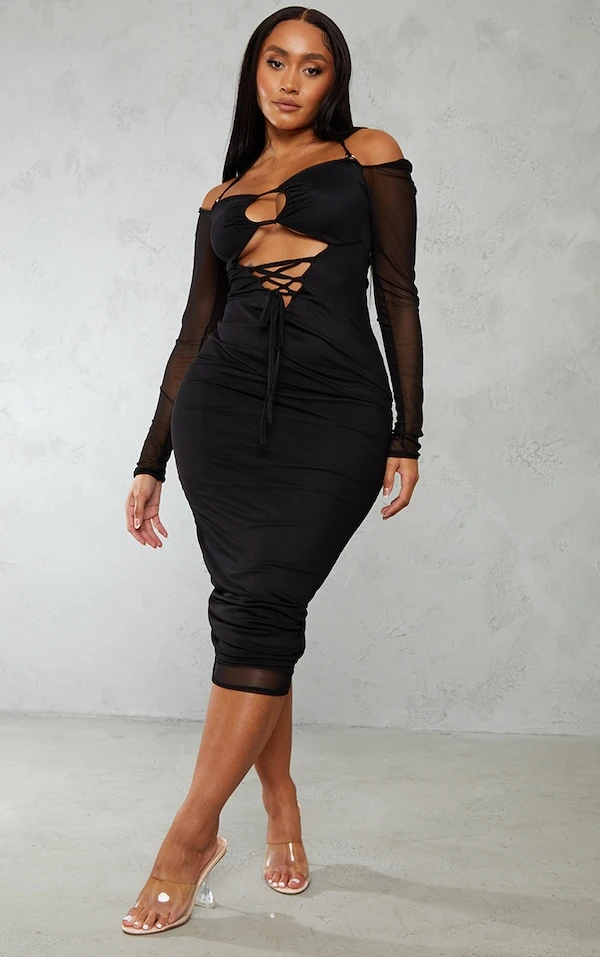 Shape Robe Longue Noire En Mesh Froncé à Col Bardot Et Manches évasées 1 Shape Robe Longue Noire En Mesh Froncé à Col Bardot Et Manches évasées