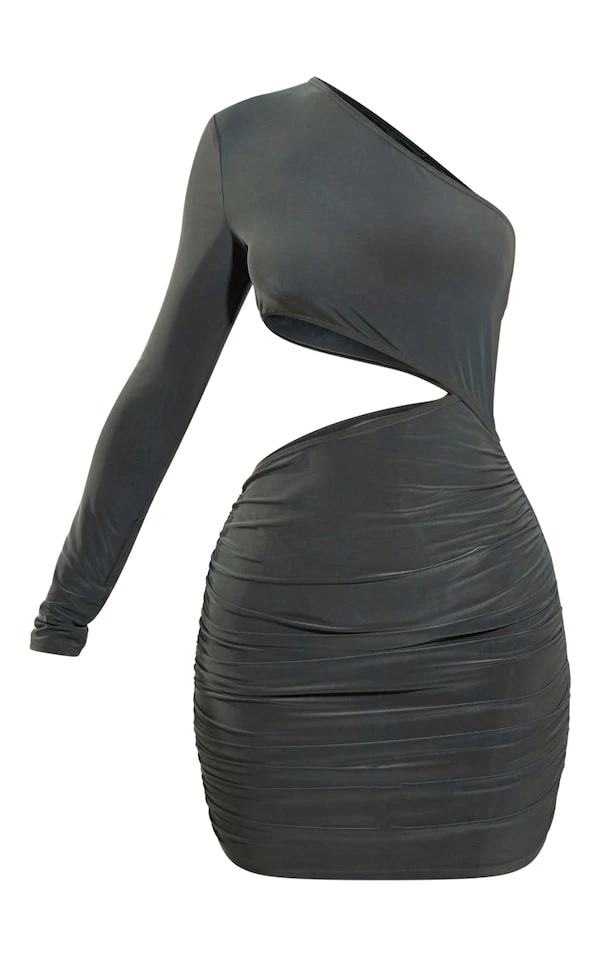 Petite Robe Très Moulante Froncée Vert Olive Asymétrique Découpée à La Taille 5 Petite Robe Très Moulante Froncée Vert Olive Asymétrique Découpée à La Taille – Image 5