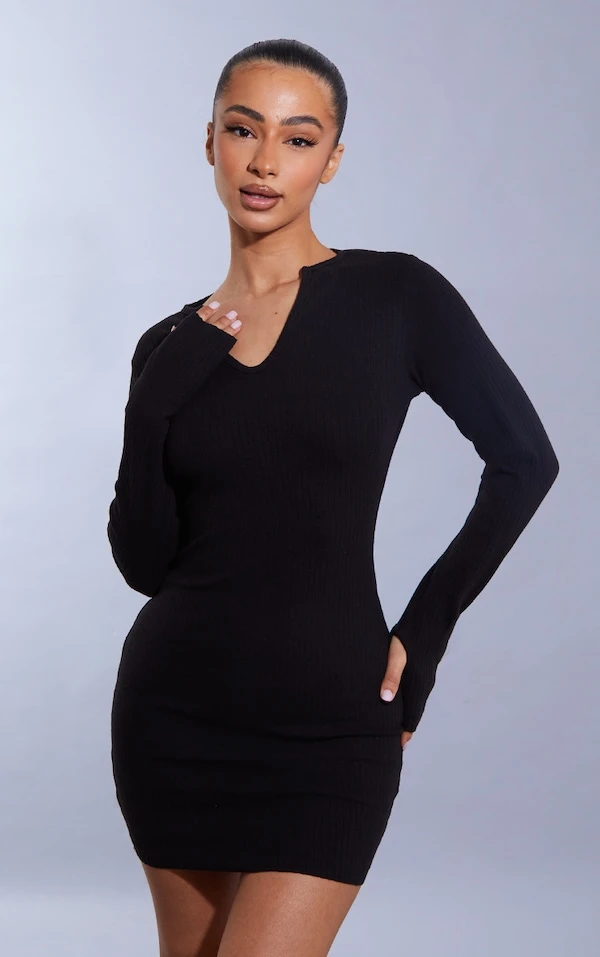 Petite Mini Robe Côtelée Noire à Manches Longues Et Trous Pour Les Pouces 3 Petite Mini Robe Côtelée Noire à Manches Longues Et Trous Pour Les Pouces – Image 3