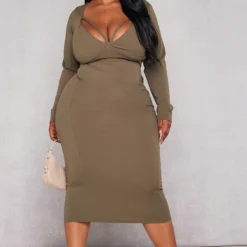 Plus Robe Mi-longue Vert Olive à Bretelles Et Manches Longues