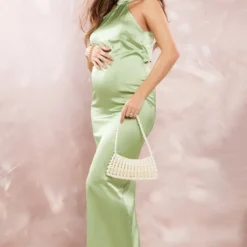 Maternité Robe Longue De Grossesse Satinée Sauge à Col Montant -Promos Jupe Éthérée Boutique 299ce4c57dc05166d8d208265c9e2f0c15c96c7b cnd7251 3