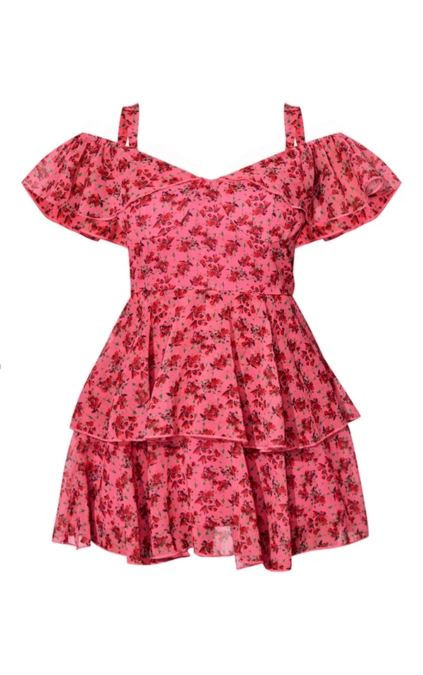 Petite Mini Robe Rose En Mousseline De Soie Imprimé Petites Fleurs à Volants 5 Petite Mini Robe Rose En Mousseline De Soie Imprimé Petites Fleurs à Volants – Image 5